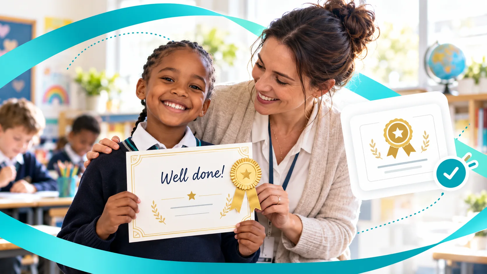 A proud learner and teacher celebrating a certificate with a gold award