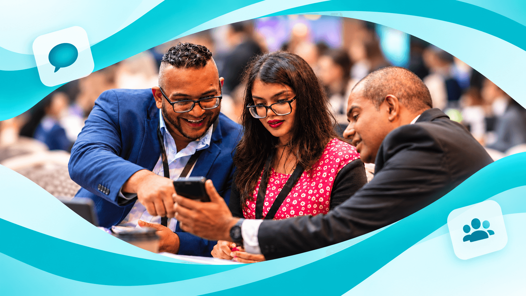 Noticeboard team gathered around a phone at South African EdTech Week 2026, framed by subtle teal accents