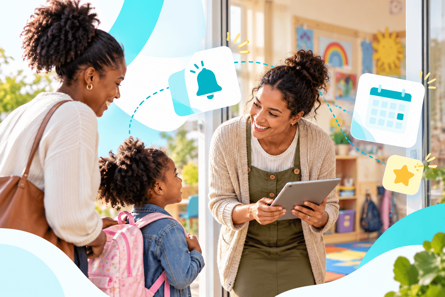 A teacher welcomes a parent and child at a preschool, surrounded by teal notice, calendar and achievement illustrations