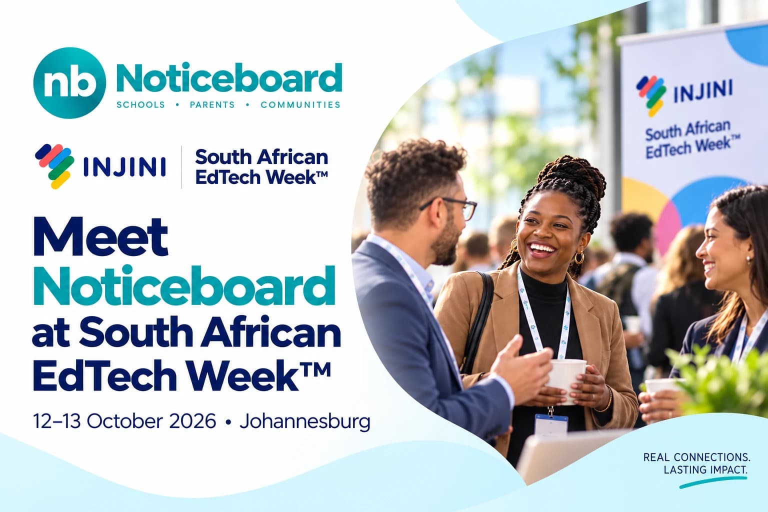Noticeboard announcement for South African EdTech Week, 12–13 October 2026 in Johannesburg, with an illustration of people connecting at a conference