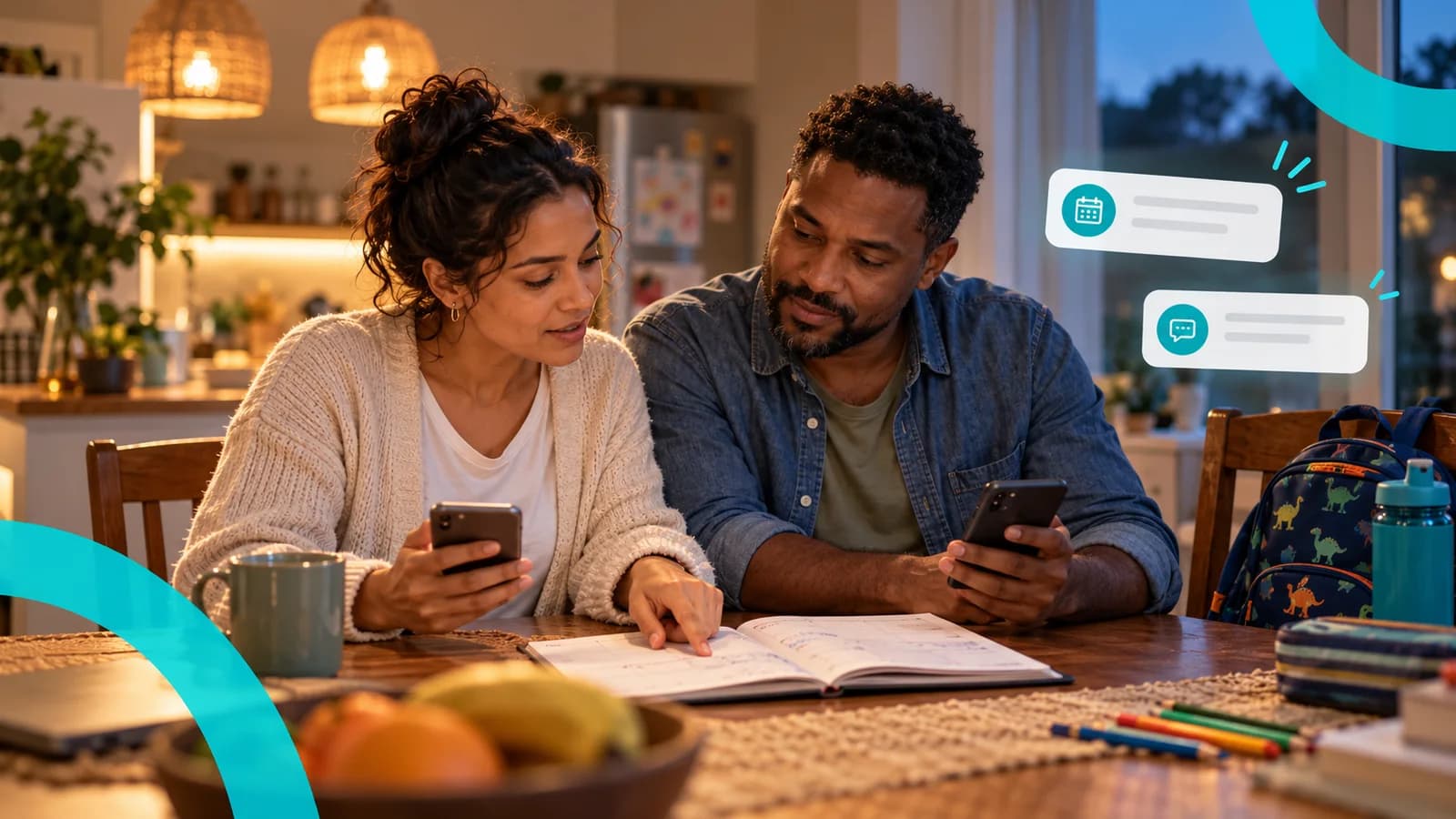 Two parents at a kitchen table on a Sunday evening, comparing their phones and an open diary to plan the children’s school week, with subtle teal calendar and message illustrations