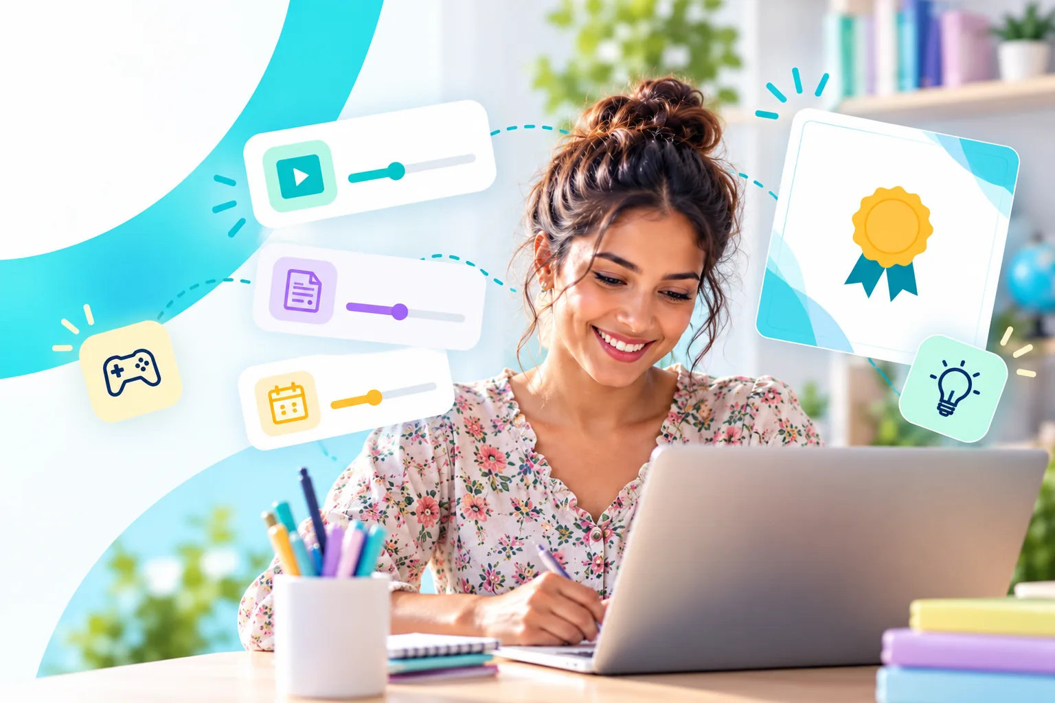 Teacher learning on a laptop with lesson cards and a certificate illustration